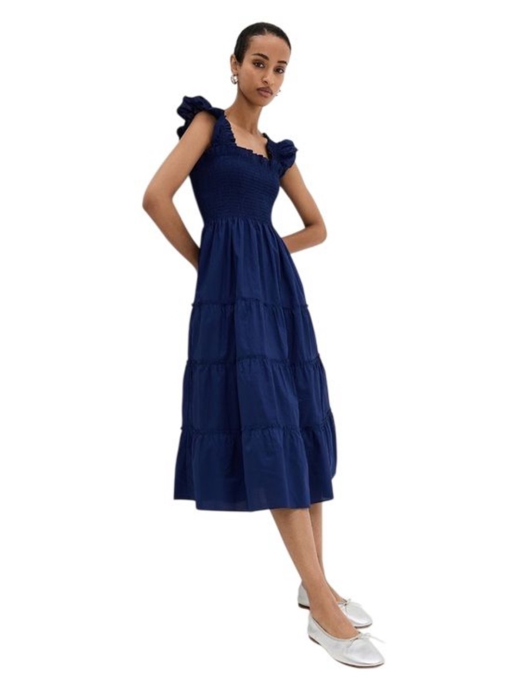 Hill House Smocked Ruffle Strap Midi Nap Dress in Navy